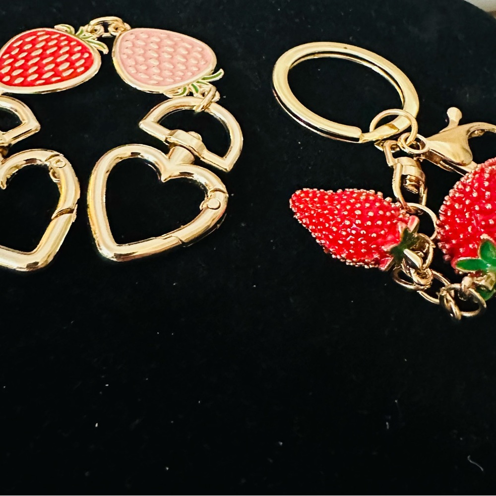Strawberry & Hearts Bag Charm & Keychain with Red & Pink Charms Gold Chain - Picture 7 of 8